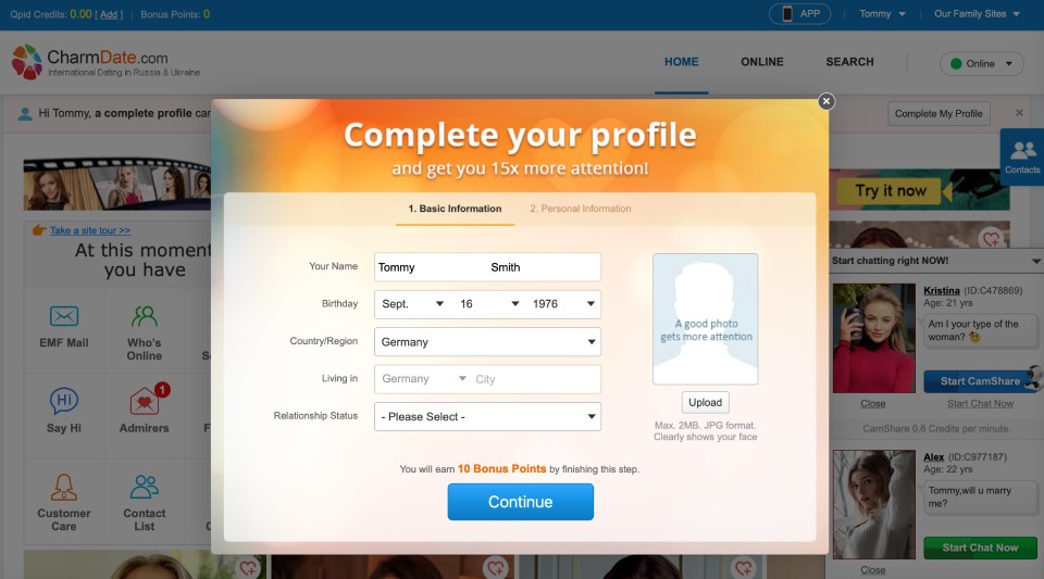 "My Profile" button on CharmDate.com